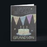 Grandson Trendy Chalk Board Effekt Geburtstagskart Karte<br><div class="desc">Moderne Chalkboard-Effekt Geburtstagskarte mit Kuchen und Bannern</div>