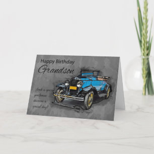 Grandson, Vintage Blue Car OnWatercolor Background Karte