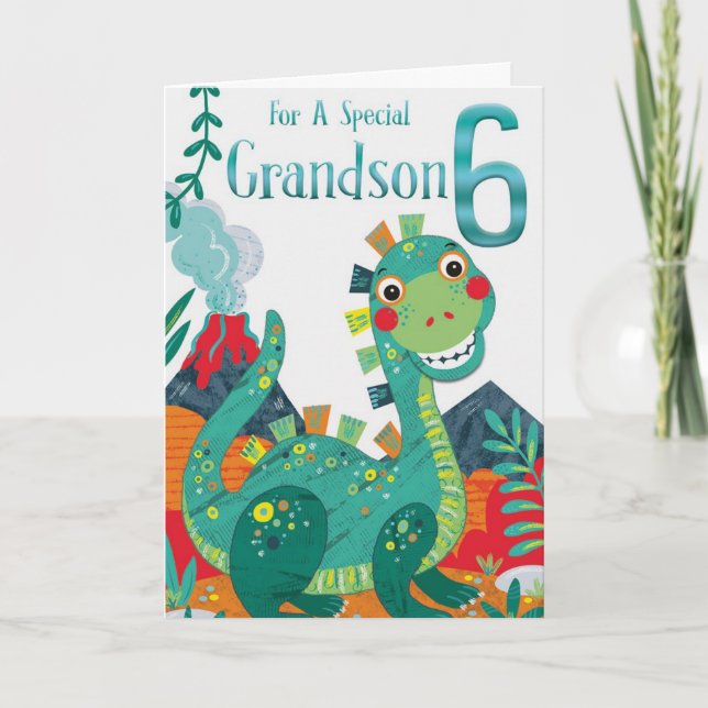 Grandson's 6. Geburtstagskarte - Happy Dinosaur Karte (Vorderseite)