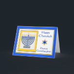 Grandtochter Chanukah Contemporary Menorah Karte<br><div class="desc">Happy Chanukah Liebe Grandtochter,  zeitgenössische Menorah mit blauen Kerzen,  Papier Grußkarte. Digitale Illustration mit einer beleuchteten Menorah und einem Stern von David. Art,  Bild und Vers Copyright © Shoaff Ballanger Studios,  2024.</div>