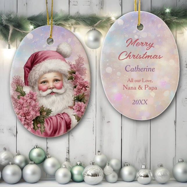 Grandtochter Pink Christmas Rose Bouquet Santa Keramik Ornament (Von Creator hochgeladen)