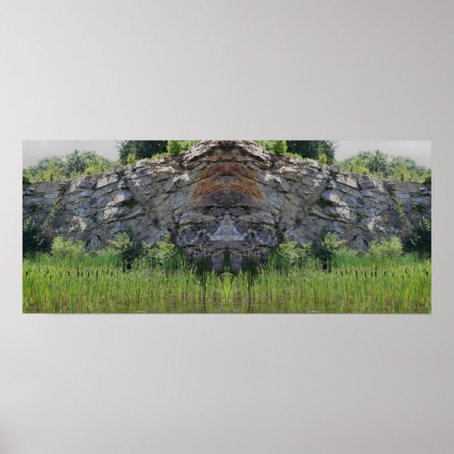 Granite Rock Cliff Cattails Pond Mirror Abstrakt Poster (Vorne)