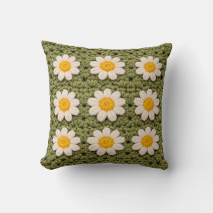 Granny Square Häkelnmuster Grüne Margerite Floral  Kissen