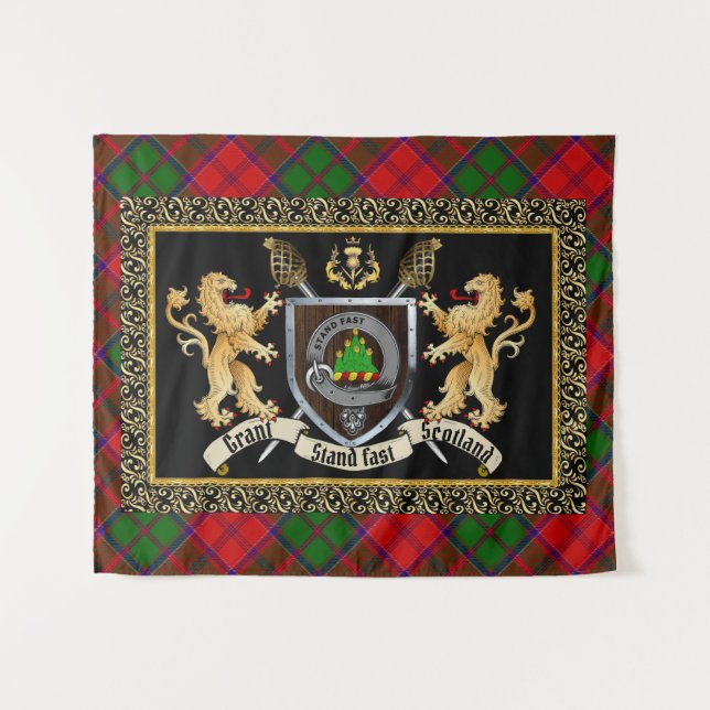 Grant Clan Abzeichen & Motto w/Lions Wandteppich (Vorderseite (Horizontal))