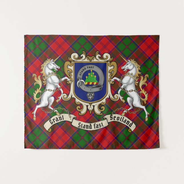 Grant Clan Abzeichen & Unicorns w/Tartan Wandteppich (Vorderseite (Horizontal))
