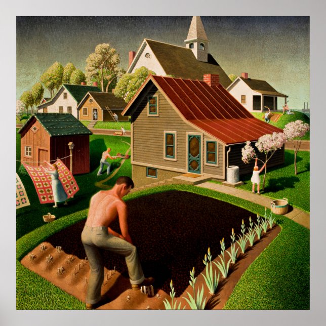 Grant Wood - Frühling in der Stadt, Kunstmalerei Poster (Vorne)