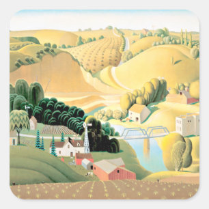 Grant Wood - Stone City, Iowa, feine Kunstmalerei Quadratischer Aufkleber