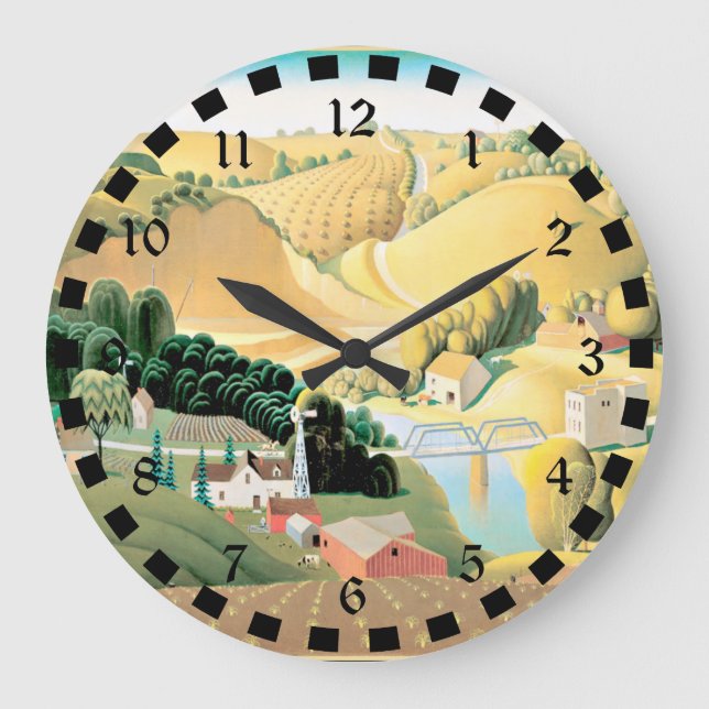 Grant Wood - Stone City, Iowa, Fine Art Große Wanduhr (Vorderseite)