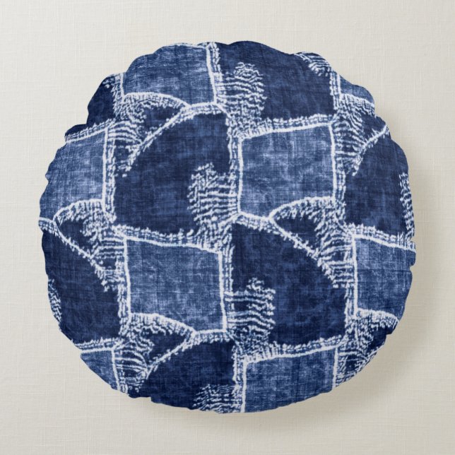 Grap für den indigo-dyed Effect überprüft Patchwor Rundes Kissen (Vorderseite)