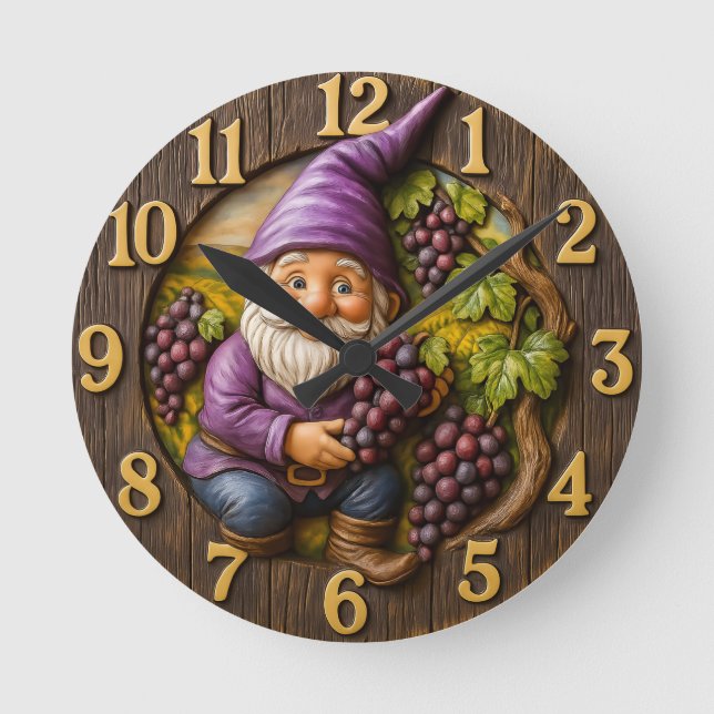 Grape-loving gnome harvest fantasy runde wanduhr (Vorderseite)