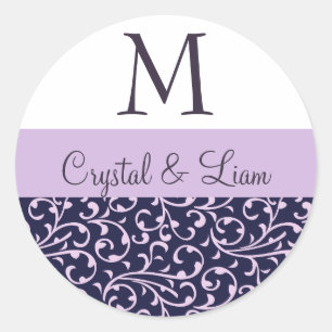 GRAPE und LILAC LILA Damask Wedding Monogram Runder Aufkleber