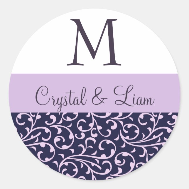 GRAPE und LILAC LILA Damask Wedding Monogram Runder Aufkleber (Vorderseite)