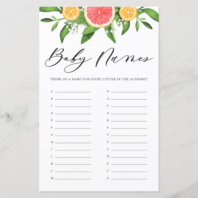 Grapefruit Baby Names Alphabet Baby Shower Game (Vorderseite)