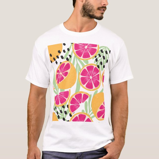 Grapefruit & Blätter: Tropisch Vintag T-Shirt (Vorderseite)