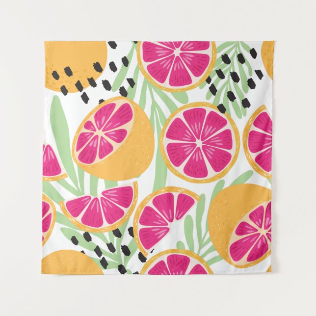 Grapefruit & Blätter: Tropisch Vintag Wandteppich (Vorderseite)