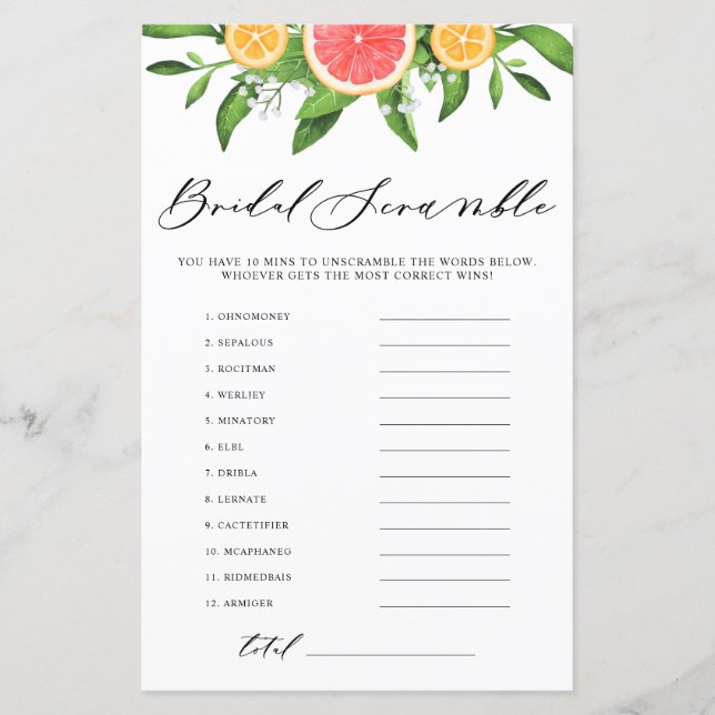 Grapefruit Bridal Word Scramble Brautparty Game (Vorderseite)