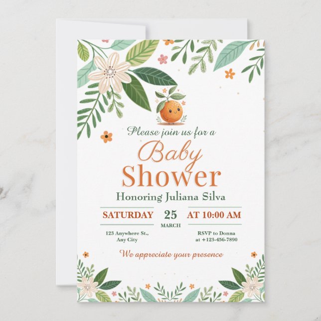 Grapefruit Orange Citrus Kleine Süsse Babydusche Einladung (Vorderseite)