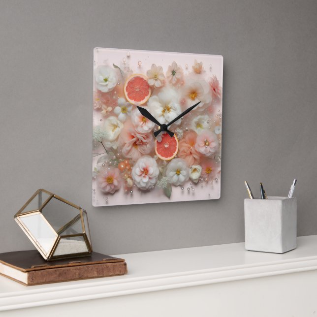 Grapefruit und Blume Abstrakt Quadratische Wanduhr (Büro)