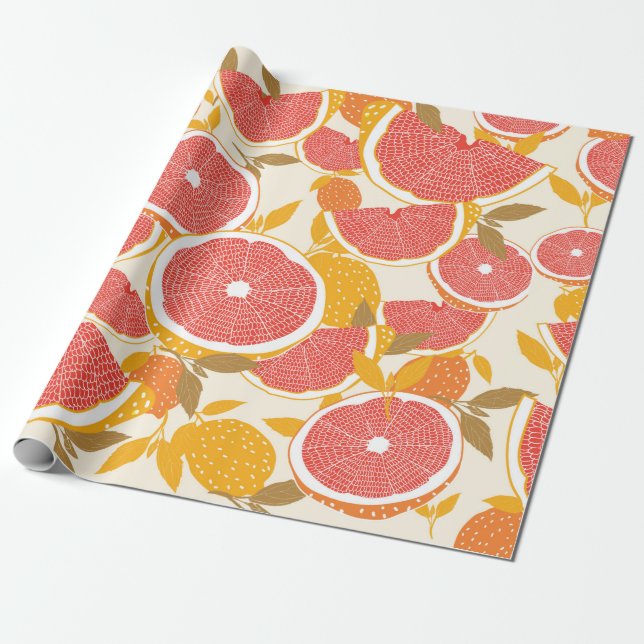 Grapefruit und halbierte Scheiben mit Blätter auf  Geschenkpapier (Ungerollt)