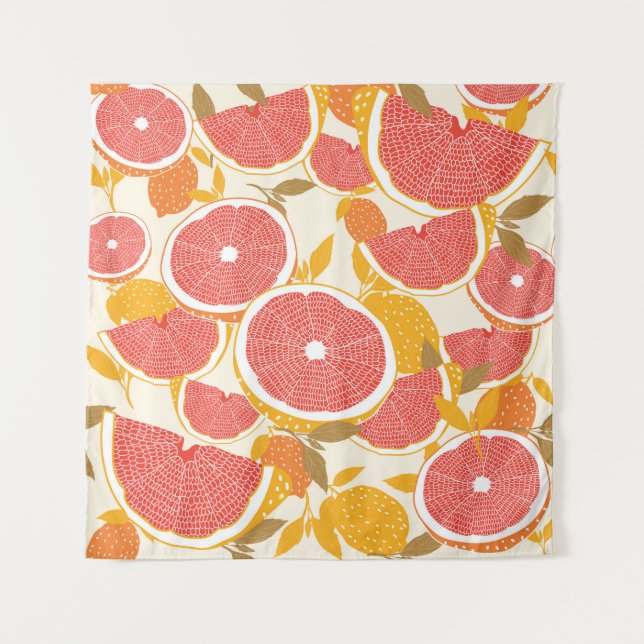 Grapefruit und halbierte Scheiben mit Blätter auf  Wandteppich (Vorderseite)