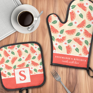 Grapefruit-Zitrus-Blumen-Kübsches-Sommer-Monogramm Ofenhandschuh & Topflappen-Set