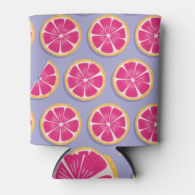 Grapefruitscheiben, lila Muster. Dosenkühler (Vorderseite)