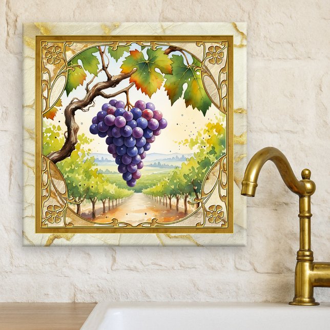 Grapes Vineyard Gold Ceramic Tile Fliese (Tile featuring a watercolor painting of grapes in a vineyard framed by classic gold and marble)