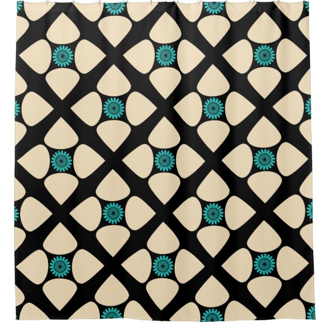 Graphic Diamond Blume Muster Cream Black Aquamarin Duschvorhang (Vorderseite)