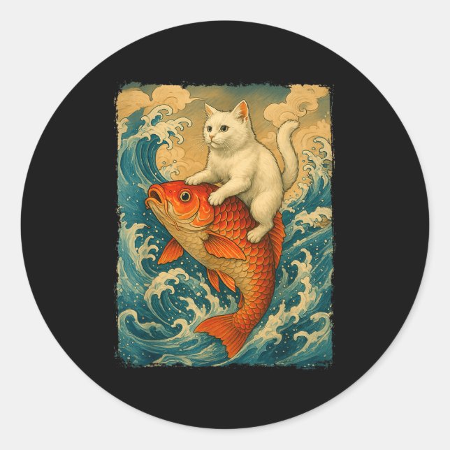 Graphic Tee Men Women Funny Cat Koi Japanese Art W Runder Aufkleber (Vorderseite)