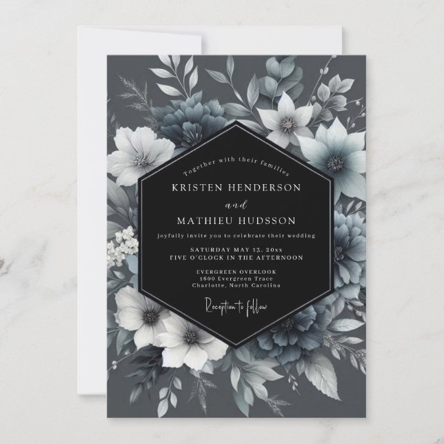 Graphit-Ätherische-Blüten-Hochzeit Einladung (Vorderseite)
