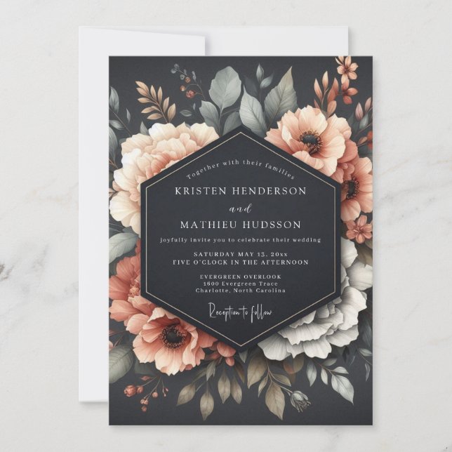 Graphite Coral Somber Flora Wedding Einladung (Vorderseite)