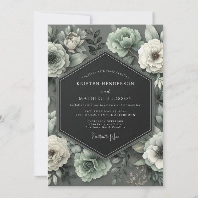 Graphite Mint Bloom Wedding Einladung (Vorderseite)