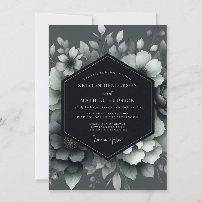Graphite Shadowy Bloom Wedding Einladung (Vorderseite)