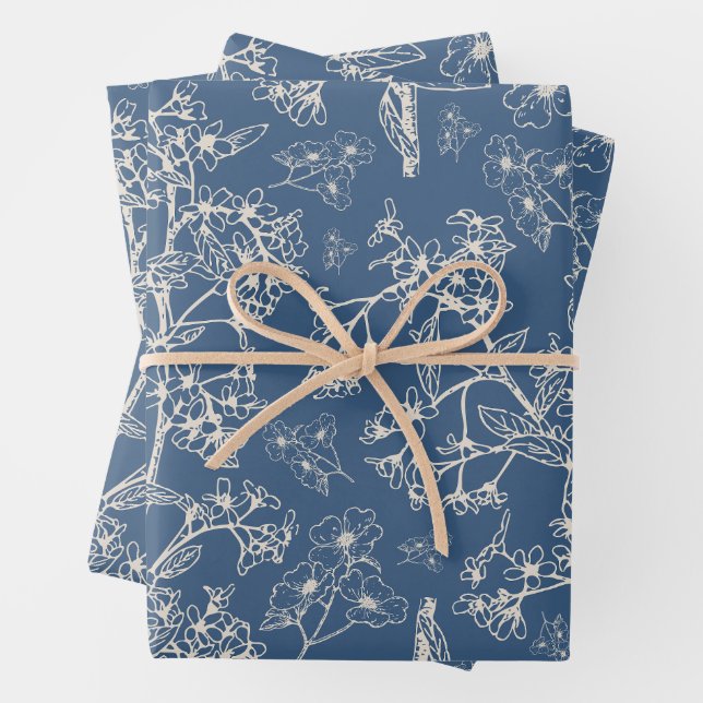 Grasmere Garden Vintag Blue Botanic Muster Geschenkpapier Set (Beispiel)