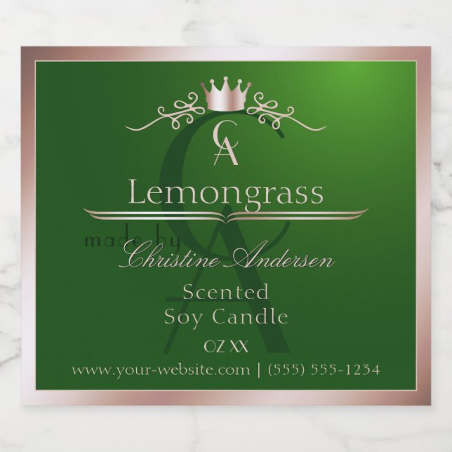Grass Green Product Label Rose Gold Frame Monogram Alkoholflaschenetikett (Einzelnes Label)