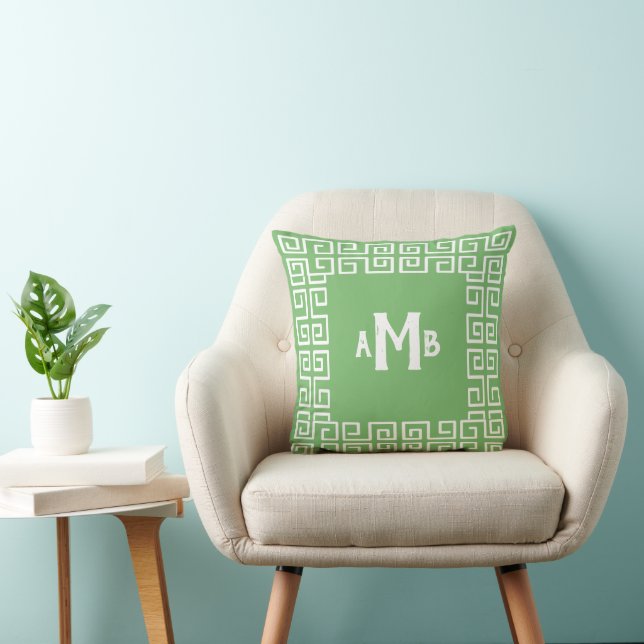 Grass Green Reverse Griechisch Key Border Monogram Kissen (Stuhl )