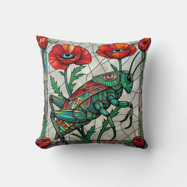 Grasshopper cricket stained glass poppy flower eye kissen (Vorderseite)