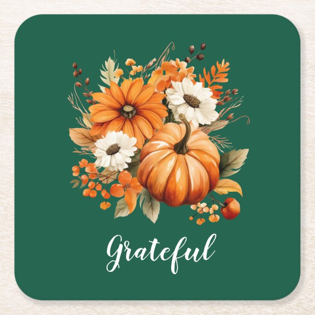 Grateful Autumn Floral Pumpkin Green Square Rechteckiger Pappuntersetzer (Vorderseite)