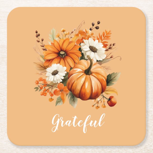 Grateful Autumn Floral Pumpkin Orange Square Rechteckiger Pappuntersetzer (Vorderseite)