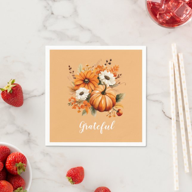 Grateful Autumn Floral Pumpkin Orange Square Serviette (Beispiel)