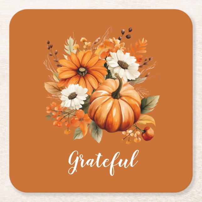Grateful Autumn Floral Pumpkin Red Square Rechteckiger Pappuntersetzer (Vorderseite)