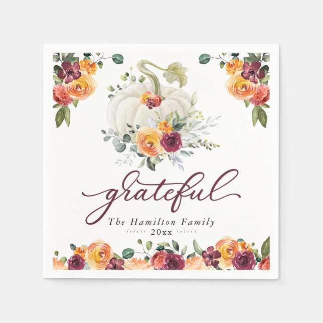Grateful Burgundy Floral Pumpkin Erntedank Serviette (Vorderseite)