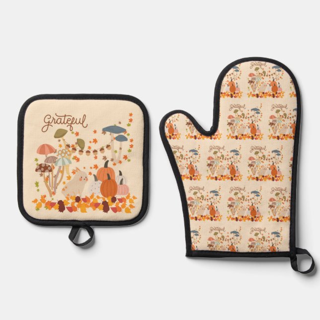 Grateful Fall Bunny Ofenhandschuh & Topflappen-Set (Vorderseite)