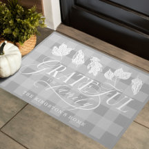 Grateful for Family Custom Name Leaves Grey Plaid
