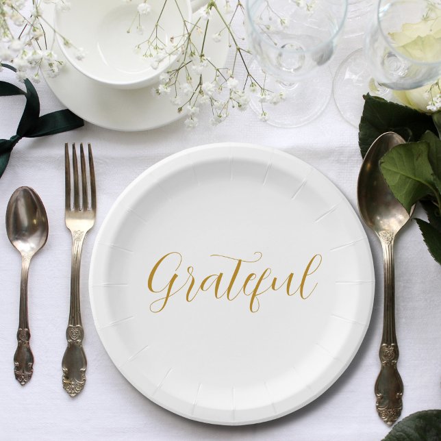 Grateful Gold Script Minimalistischer Erntedank Pappteller (Von Creator hochgeladen)