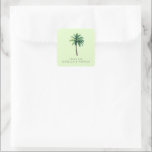 Grateful Green Tropical Palm Tree Quadratischer Aufkleber<br><div class="desc">This wedding sticker features a serene tropical design with a single, centered palm tree on a soft pastel green background. The elegant serif typography below the tree reads "thank you, " expressing gratitude in an understated manner. The color palette of lush greens and warm browns creates a calming and inviting...</div>