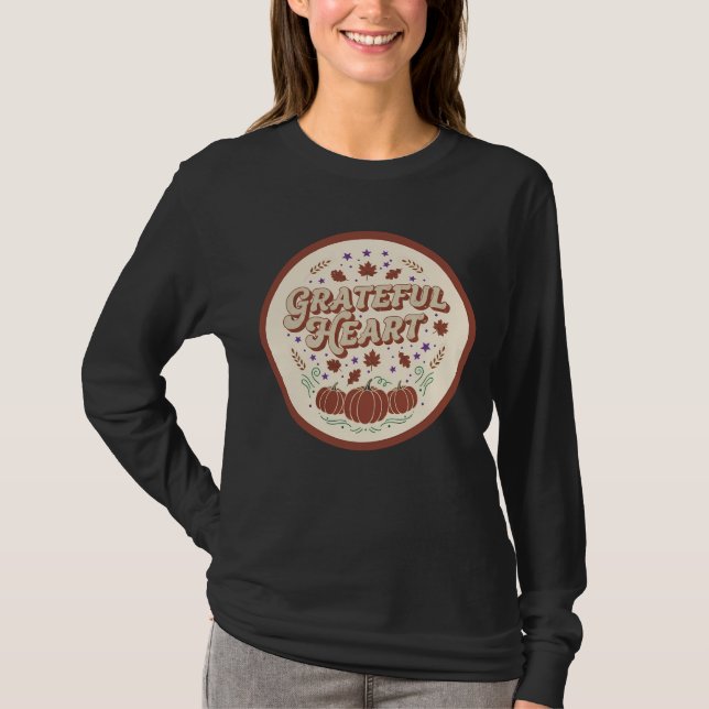 Grateful Heart Autumn Pumpkin Design T-Shirt (Vorderseite)