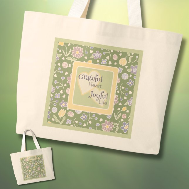 Grateful Heart Joyful Life Personalized Tote Bag  Jumbo Stoffbeutel (Grateful Heart Joyful Life Personalized Tote Bag – Floral Green Inspirational Gift)