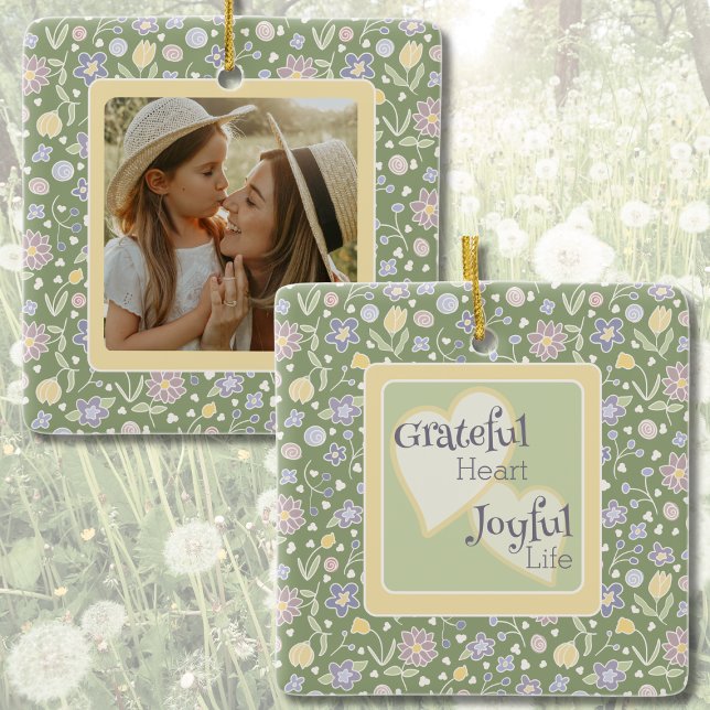 Grateful Heart Joyful Life Photo Ceramic Ornament (Grateful Heart Joyful Life Photo Ornament – Personalized Floral Keepsake Gift)