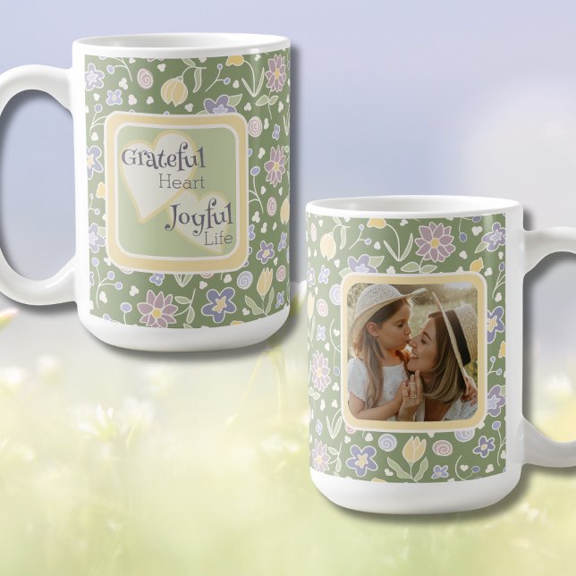 Grateful Heart Joyful Life Photo Mug Kaffeetasse (Grateful Heart Joyful Life Photo Mug – Personalized Floral Inspirational Gift)